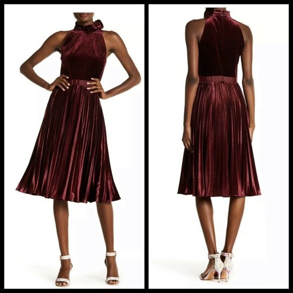 💕TED BAKER💕 Cornela Pleated Velvet Midi Dress ~ Oxblood TB4 US 10 NWT - Picture 11 of 17